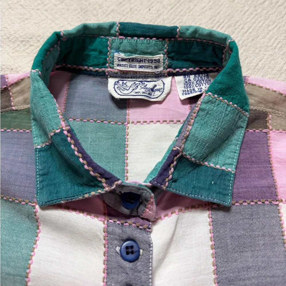 VTG 90s Pastel Patchwork Plaid Stitched Button Down Shirt L Cottage Core - Picture 6 of 7
